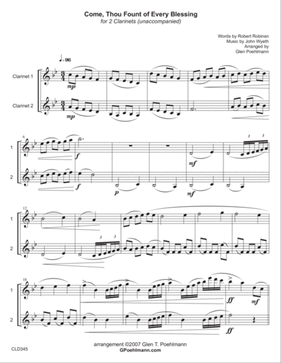 COME THOU FOUNT OF EVERY BLESSING - CLARINET DUET (unaccompanied) Clarinet Duet scores gallery preview page 1