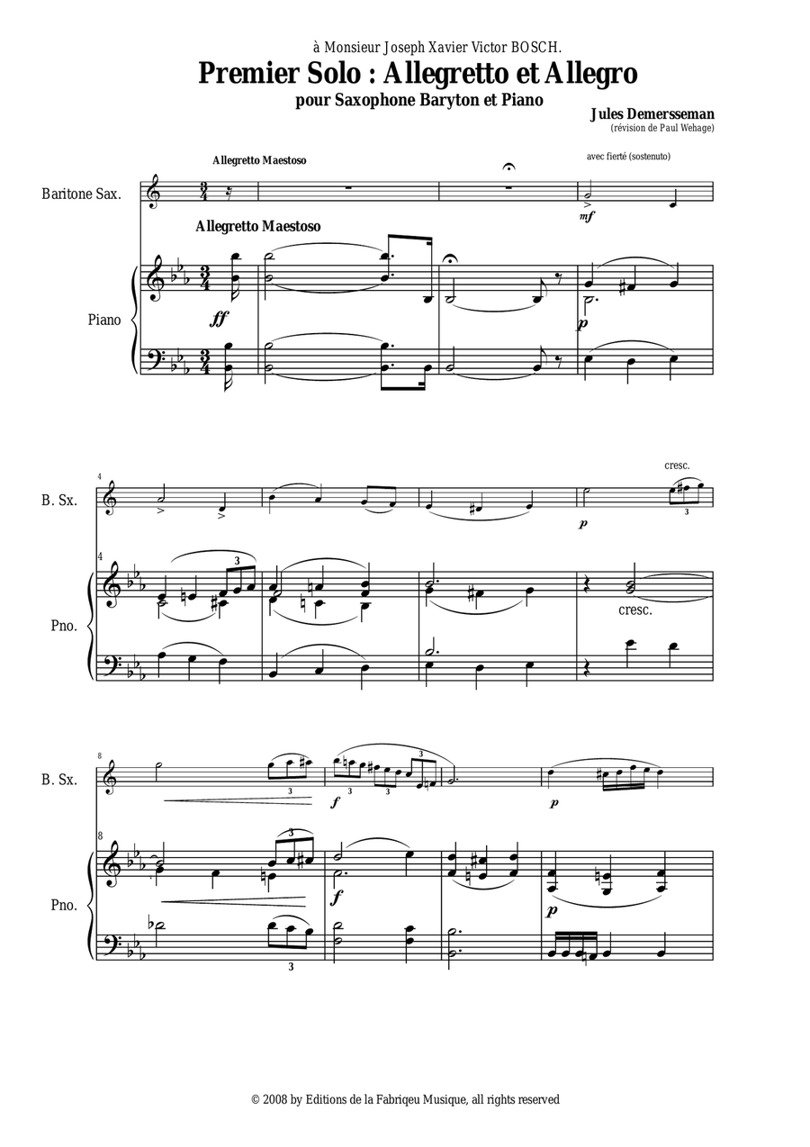 Jules Demersseman : Premier Solo : Allegretto et Allegro for baritone saxophone and piano Baritone Saxophone scores gallery preview page 3