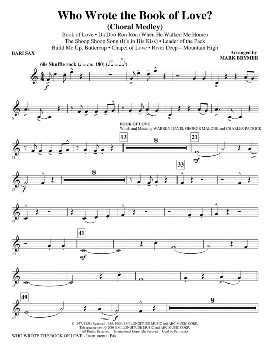 Who Wrote The Book Of Love? (Choral Medley) - Baritone Sax Choir scores gallery preview page 1