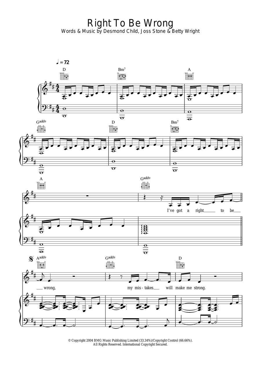 Right To Be Wrong Piano, Vocal, Guitar scores gallery preview page 1