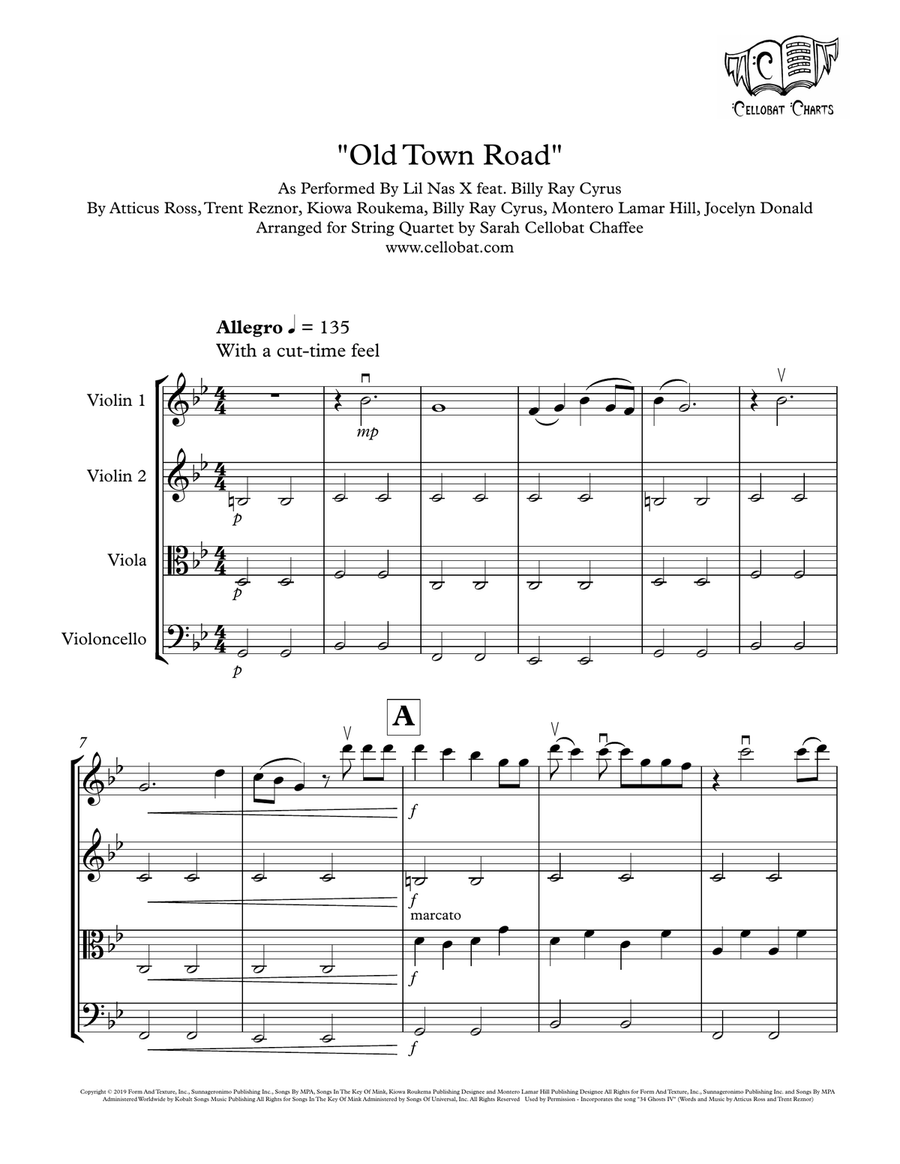 Old Town Road (remix) String Quartet scores gallery preview page 1