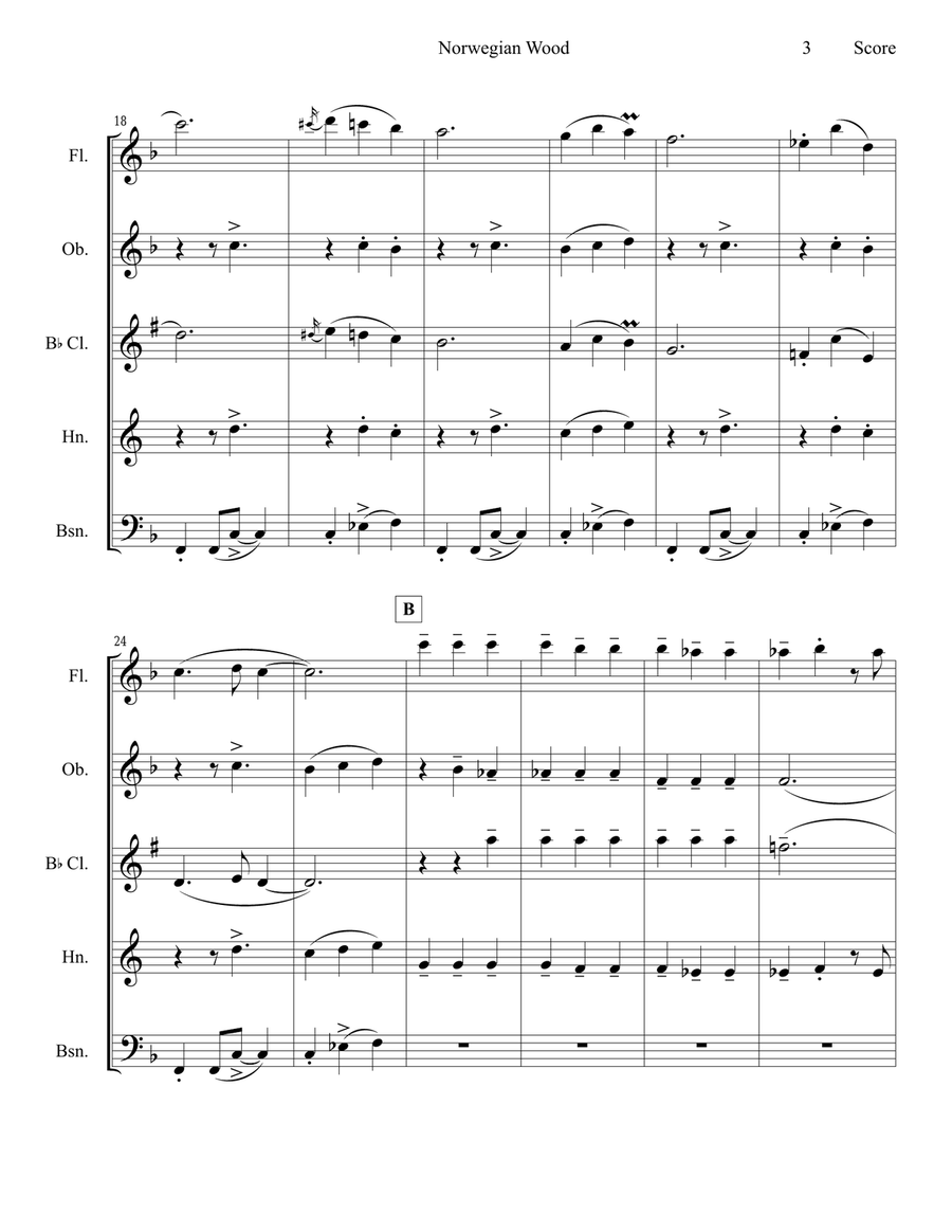 Norwegian Wood (This Bird Has Flown) Woodwind Quintet scores gallery preview page 4