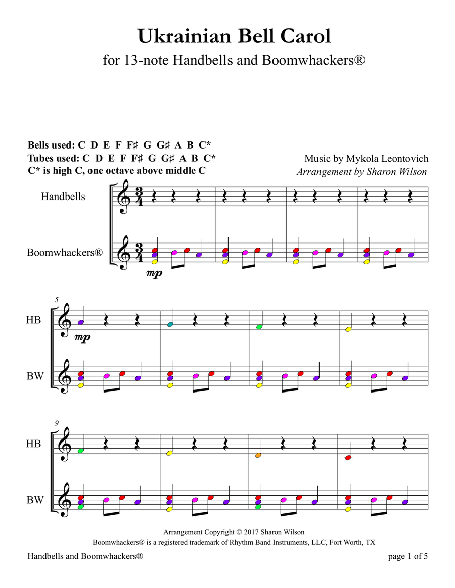 Ukrainian Bell Carol (for 13-note Bells and Boomwhackers with Color Coded Notes) Handbell Choir scores gallery preview page 5