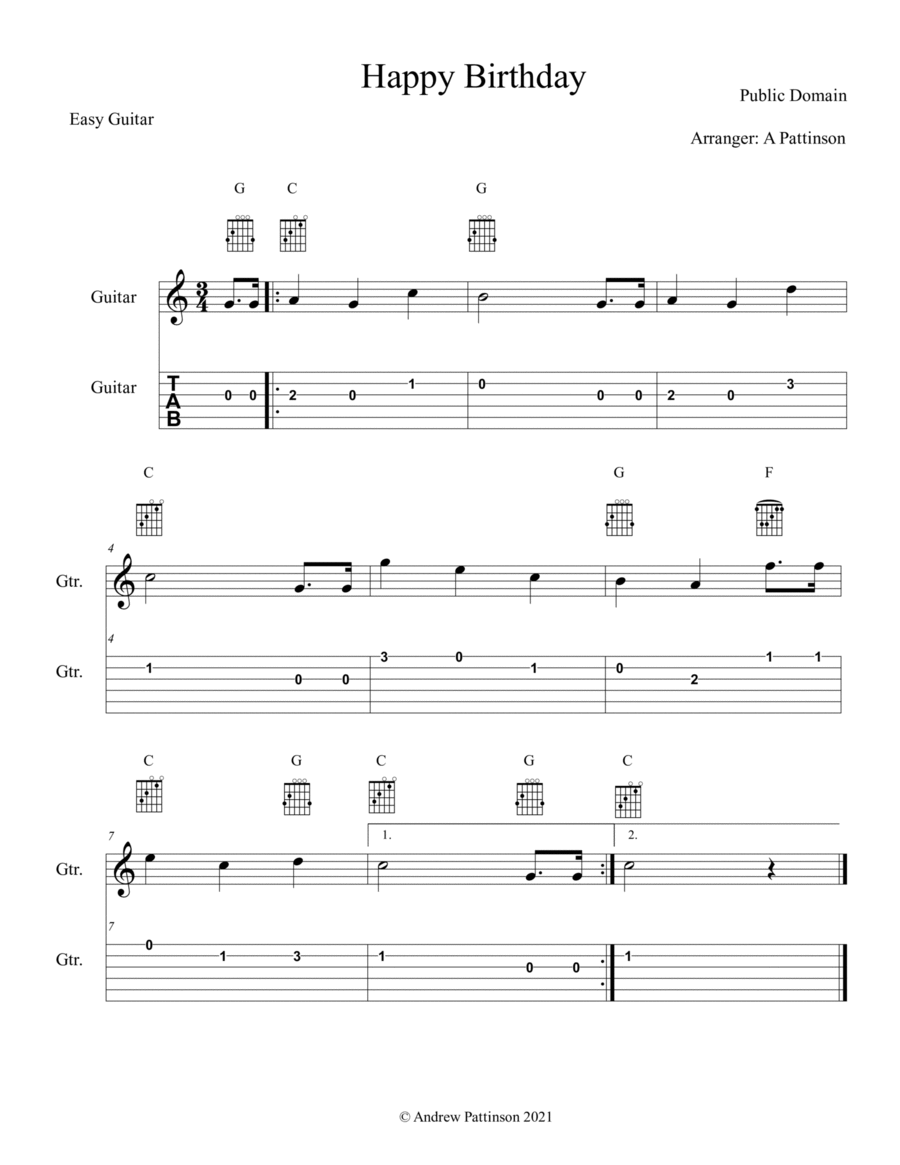 Happy Birthday for Easy Guitar Guitar Tablature scores gallery preview page 1