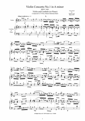 Book cover for Bach - Violin Concerto No.1 in A minor BWV 1041 for Violin and Cembalo (or Piano)