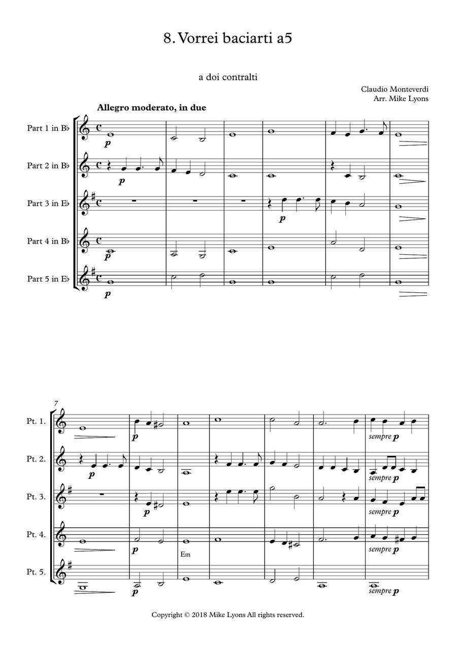 Monteverdi - The Seventh Book of Madrigals (1619) - 08.Vorrei baciarti a5 Brass Ensemble scores gallery preview page 3