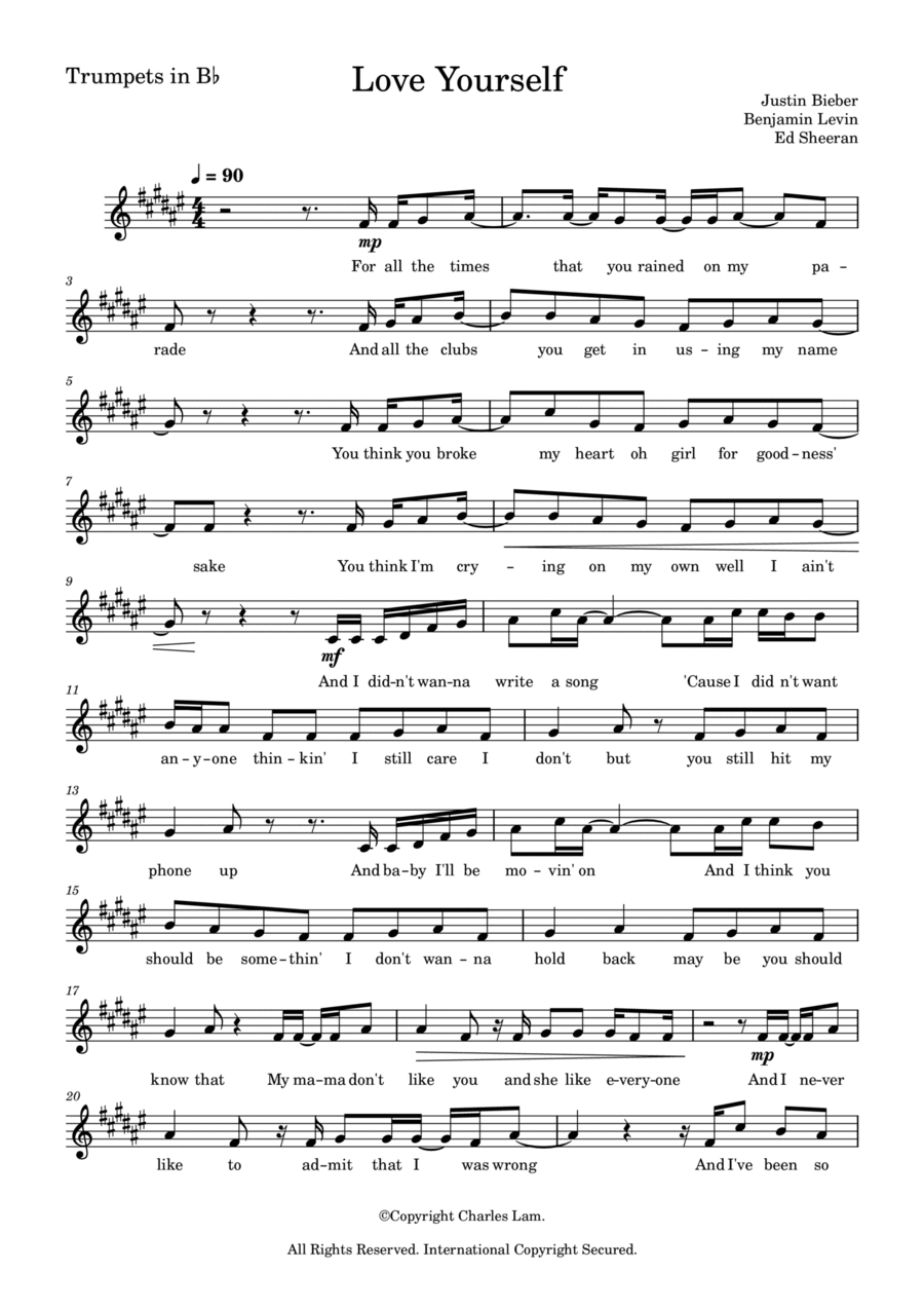 Love Yourself B-Flat Trumpet scores gallery preview page 1