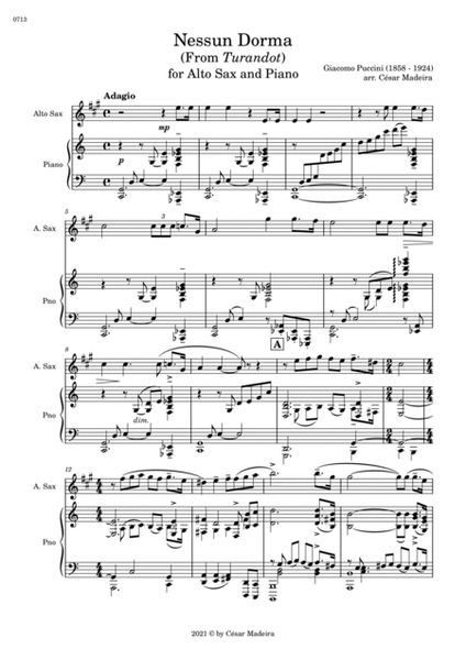 Nessun Dorma by Puccini - Alto Sax and Piano (Full Score) image number null