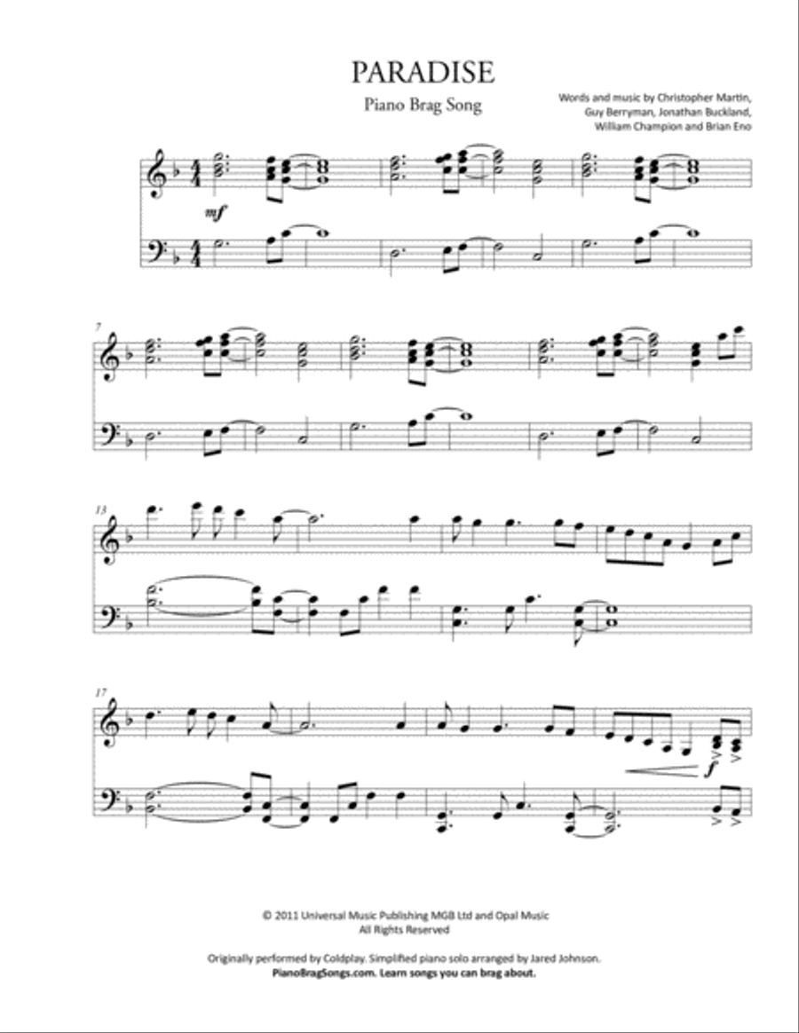 Paradise Piano Solo scores gallery preview page 1