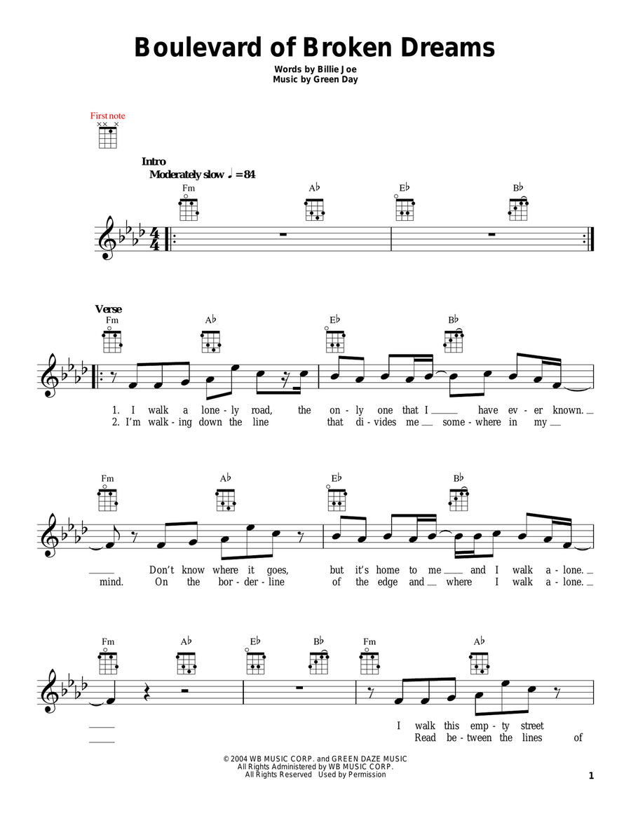 Boulevard Of Broken Dreams Ukulele scores gallery preview page 1