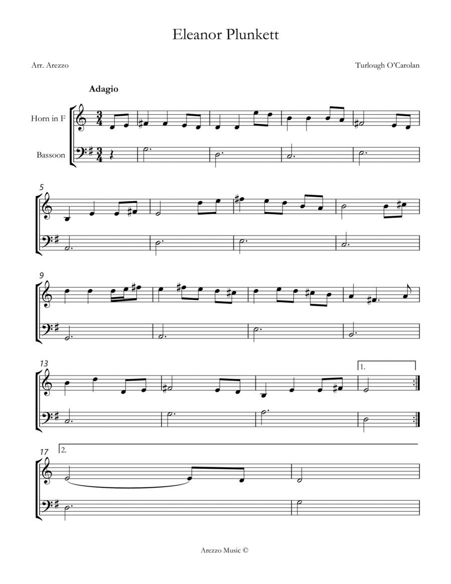 turlough'o carolan eleanor plunkett French Horn and bassoon sheet music Woodwind Duet scores gallery preview page 1
