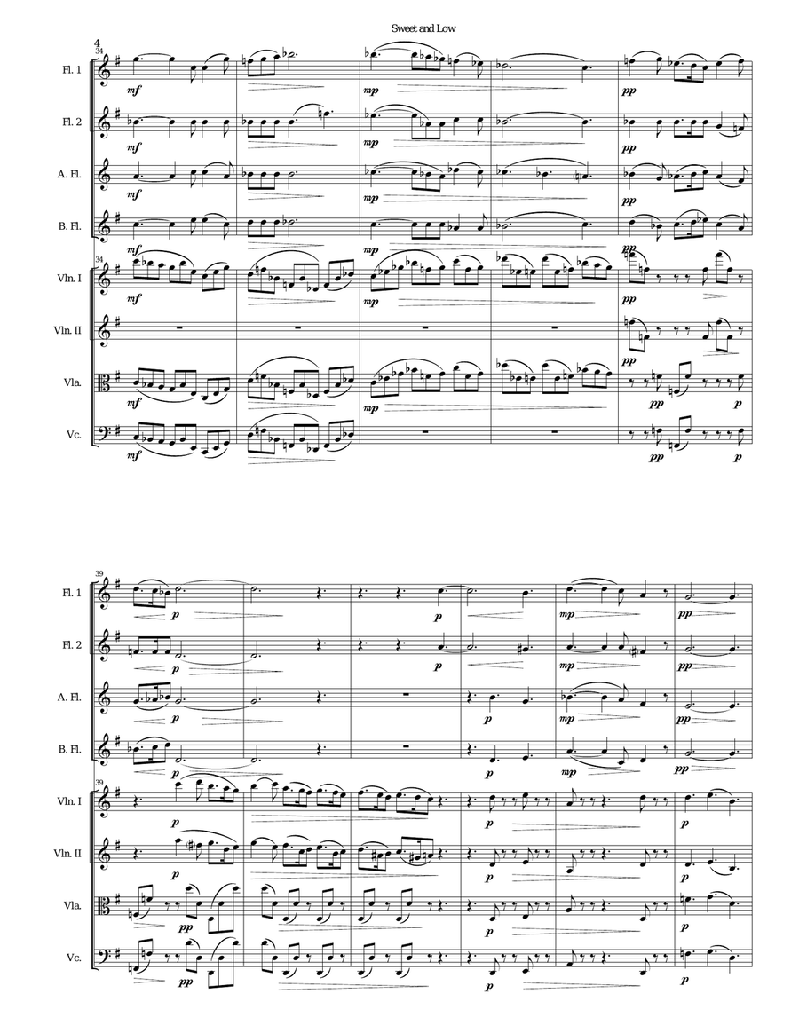 Sweet and Low (Stanford's setting) arranged for flute quartet and string quartet Flute Quartet scores gallery preview page 4