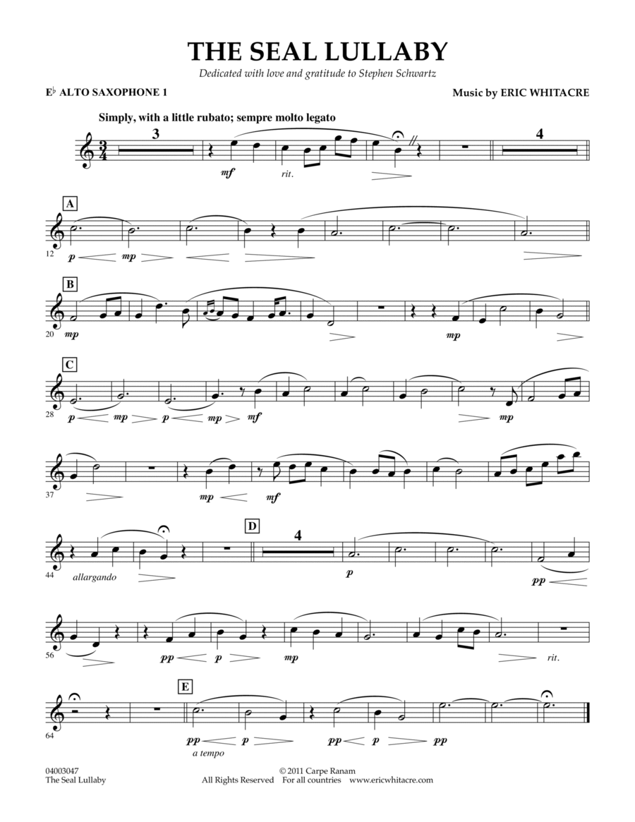 The Seal Lullaby - Eb Alto Saxophone 1 Concert Band scores gallery preview page 1