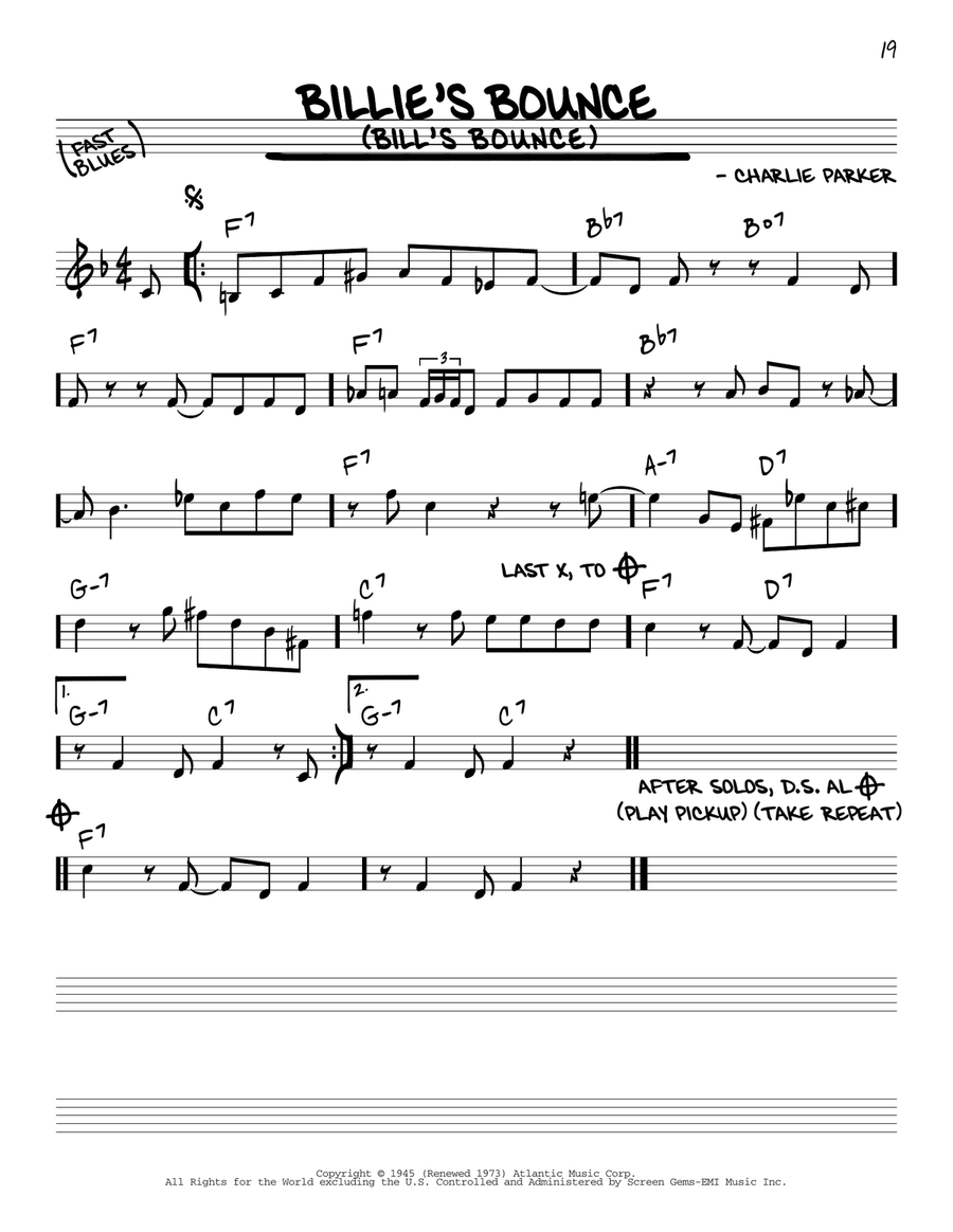 Billie's Bounce (Bill's Bounce) C Instrument scores gallery preview page 1