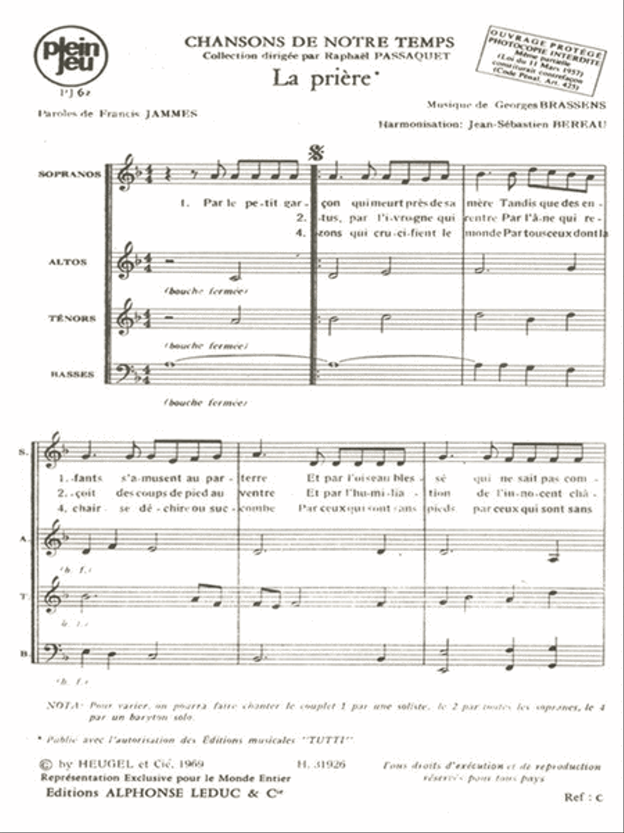 Brassens Georges Chansons De Notre Temps La Priere (bereau) 4 Part Bk 4-Part scores gallery preview page 1