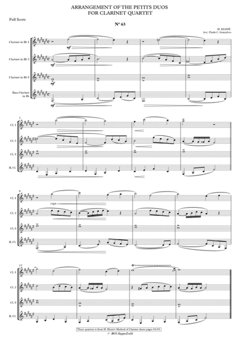 ARRANGEMENT OF THE PETITS DUOS FOR CLARINET QUARTET Nº 63 & 64 image number null