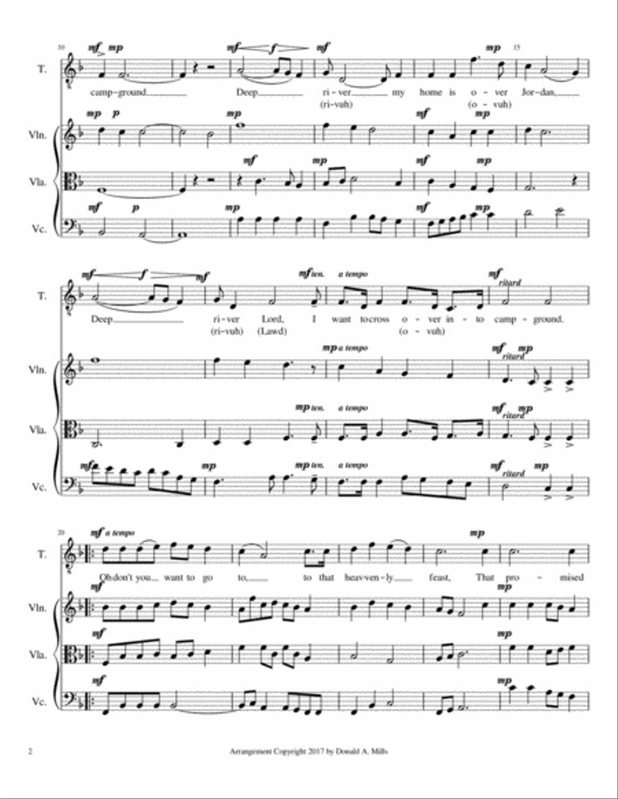 Deep River - Baritone or Tenor solo, string trio Cello scores gallery preview page 2