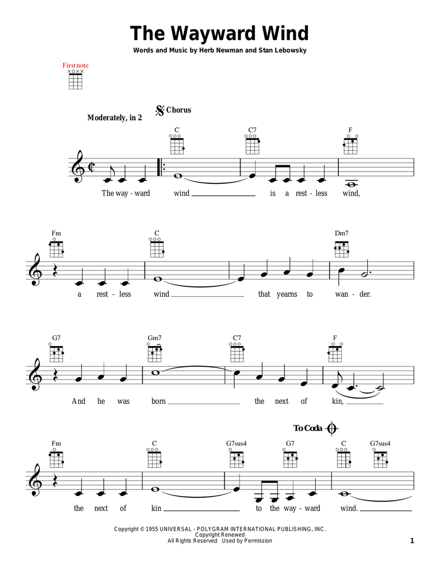 The Wayward Wind Ukulele scores gallery preview page 1