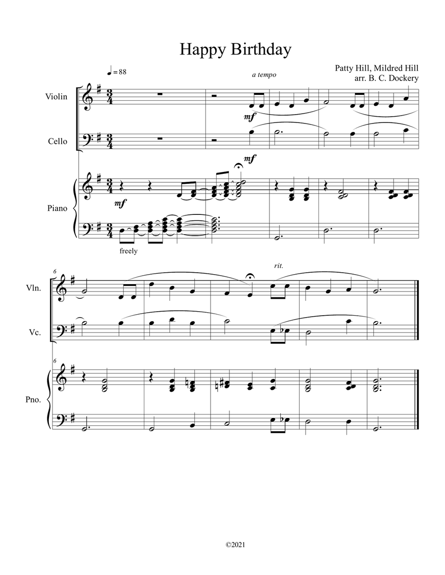 Happy Birthday (Violin and Cello Duet) with optional piano accompaniment Piano Trio scores gallery preview page 1