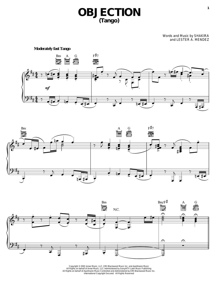 Objection (Tango) Piano, Vocal, Guitar scores gallery preview page 1