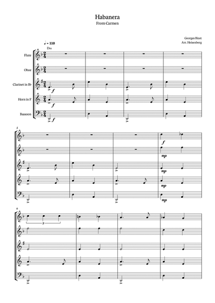 Habanera - Carmen - Georges Bizet, for Woodwind Quintet in a easy version with chords. image number null