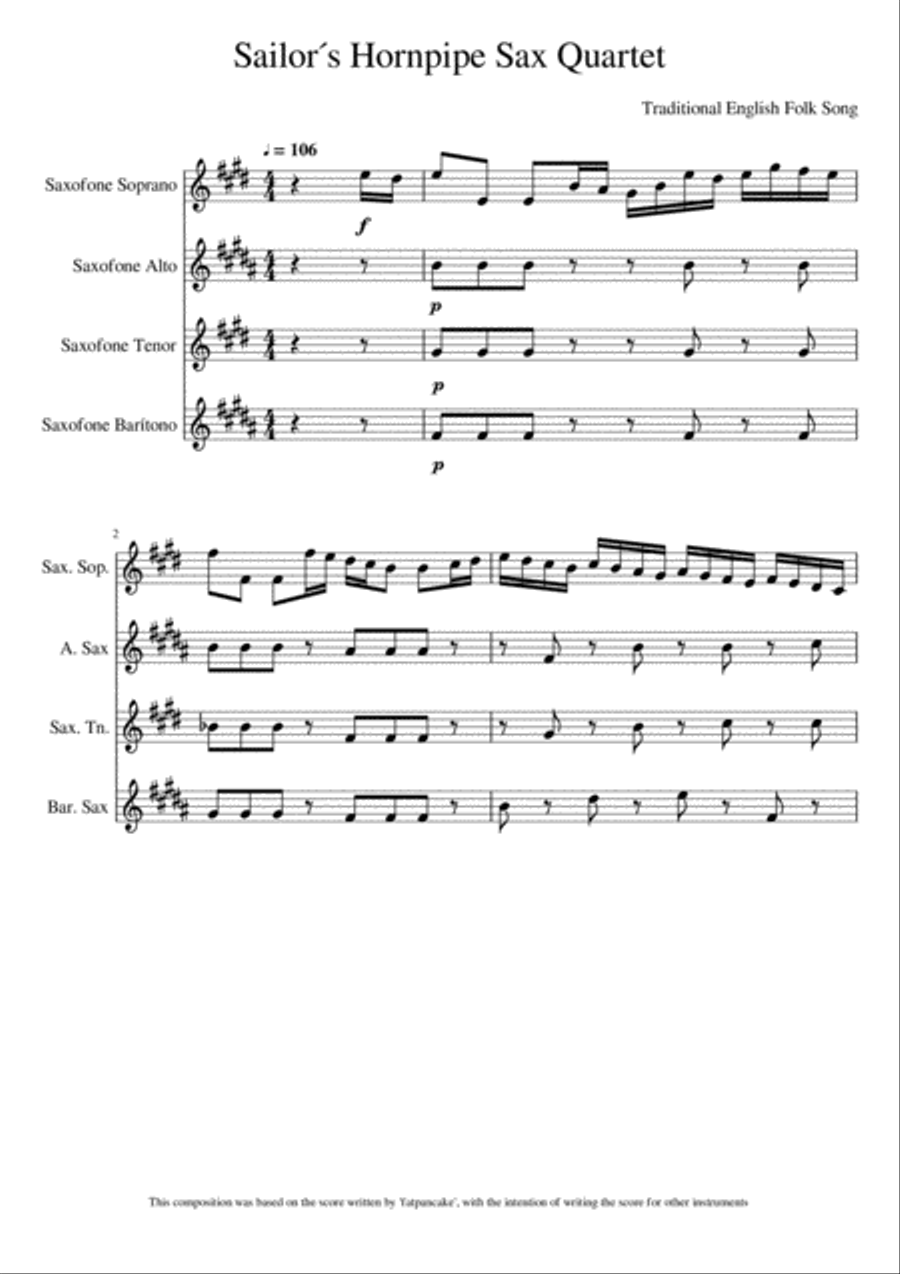 Sailor´s Hornpipe - Saxophone Quartet Saxophone Quartet scores gallery preview page 1