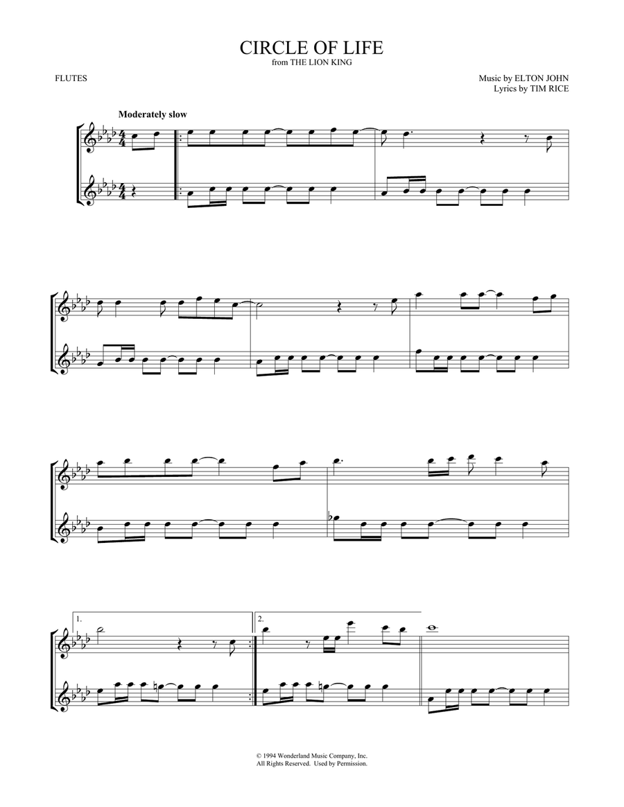 Circle Of Life (from The Lion King) Flute Duet scores gallery preview page 1