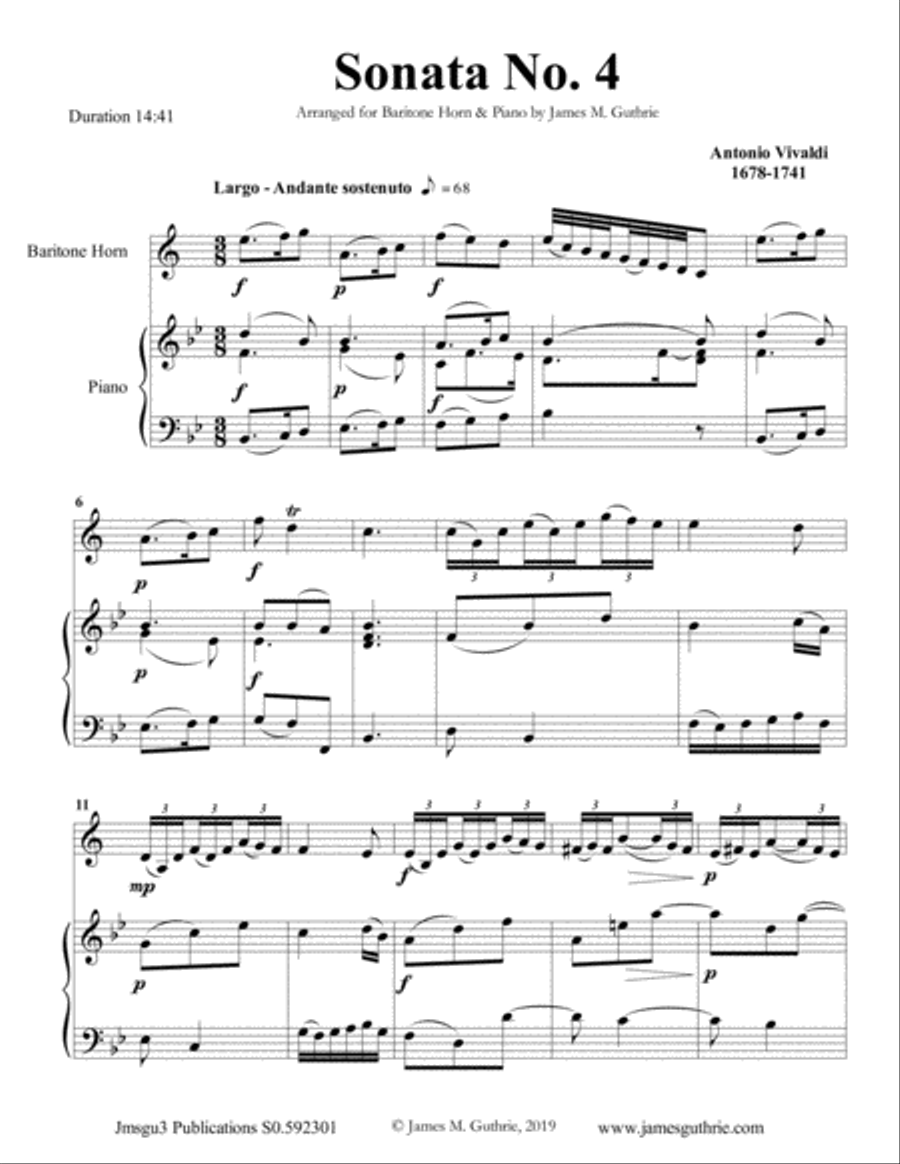 Vivaldi: Sonata No. 4 for Baritone Horn & Piano Baritone Horn scores gallery preview page 1