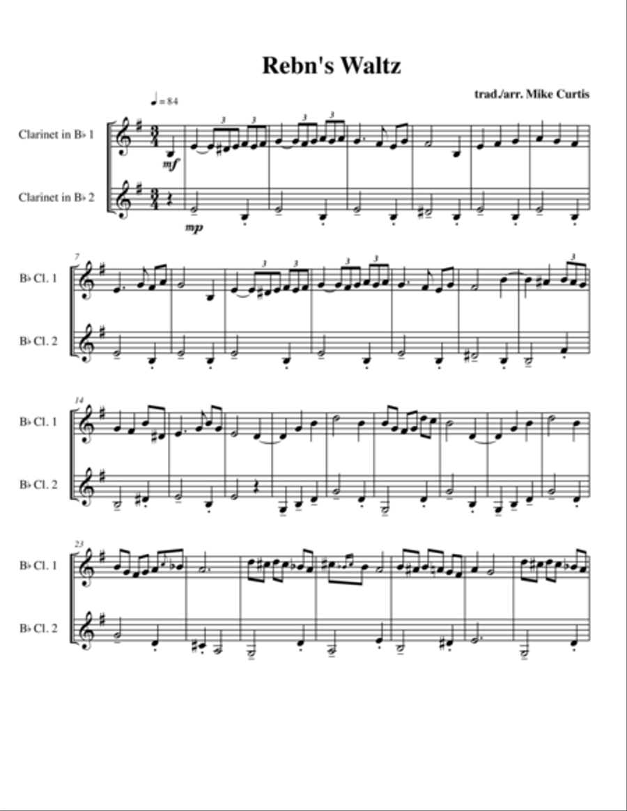 Rebn's Waltz (Rabbi's Waltz) for 2 clarinets Clarinet Duet scores gallery preview page 1