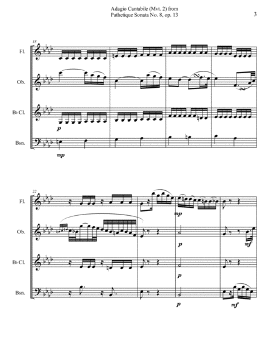Adagio Cantabile from Beethoven's Pathetique Sonata, for Woodwind Quartet Woodwind Quartet scores gallery preview page 3