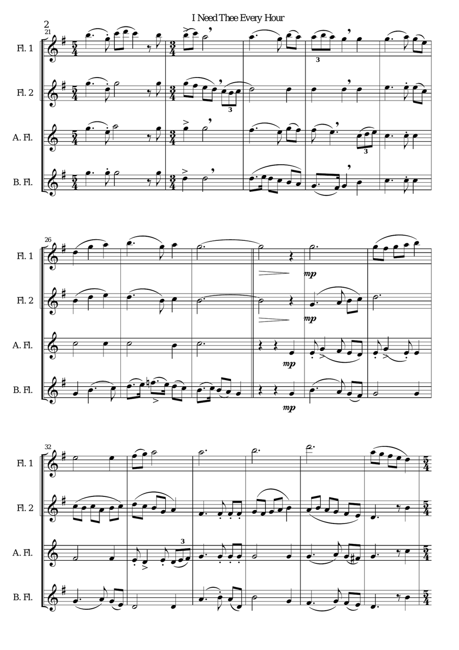 Variations on I Need Thee Every Hour for Flute quartet (2 C flutes, alto flute, bass flute) Flute Quartet scores gallery preview page 2