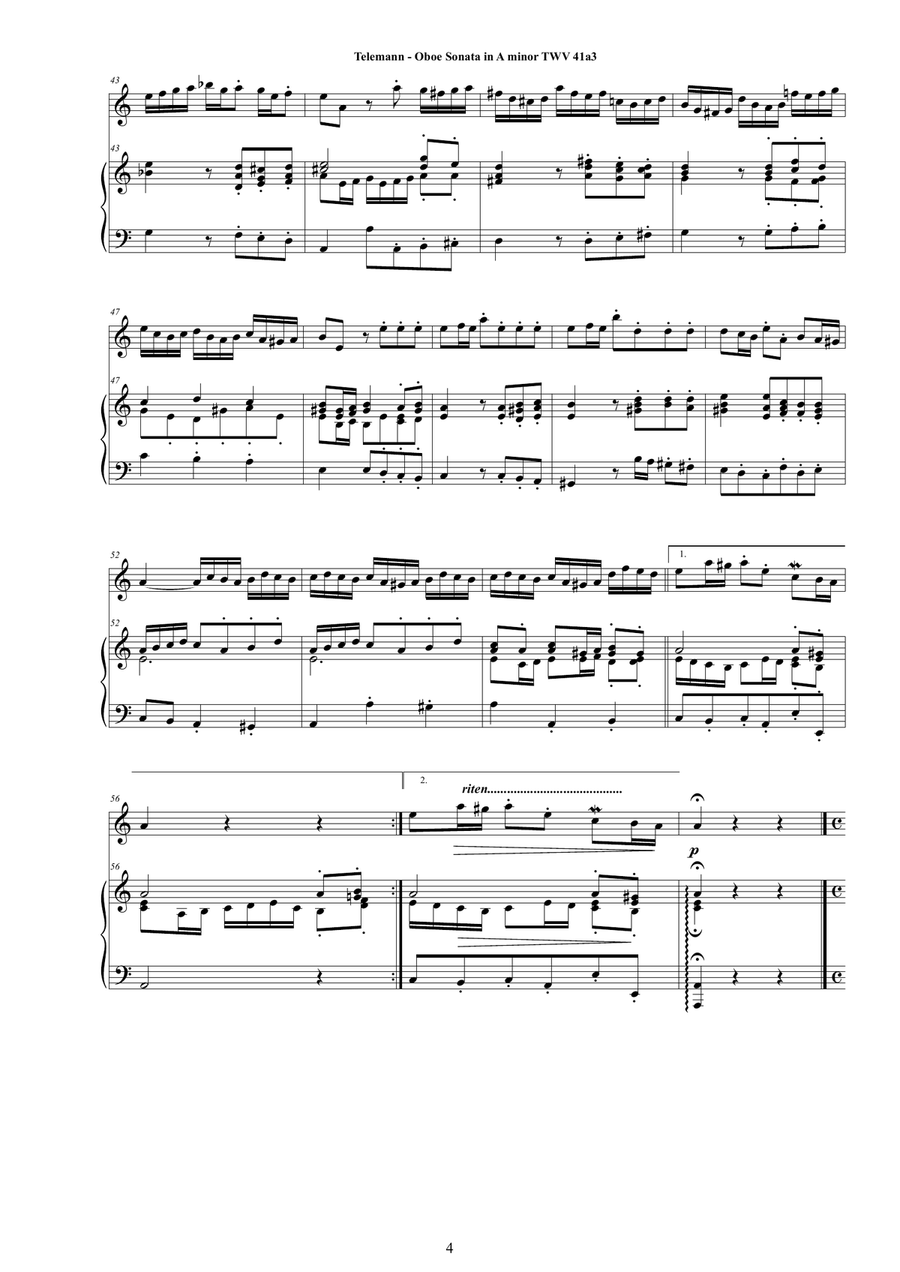Telemann - Oboe Sonata in A minor TWV 41a3 for Oboe and Cembalo (or Piano) Harpsichord scores gallery preview page 4