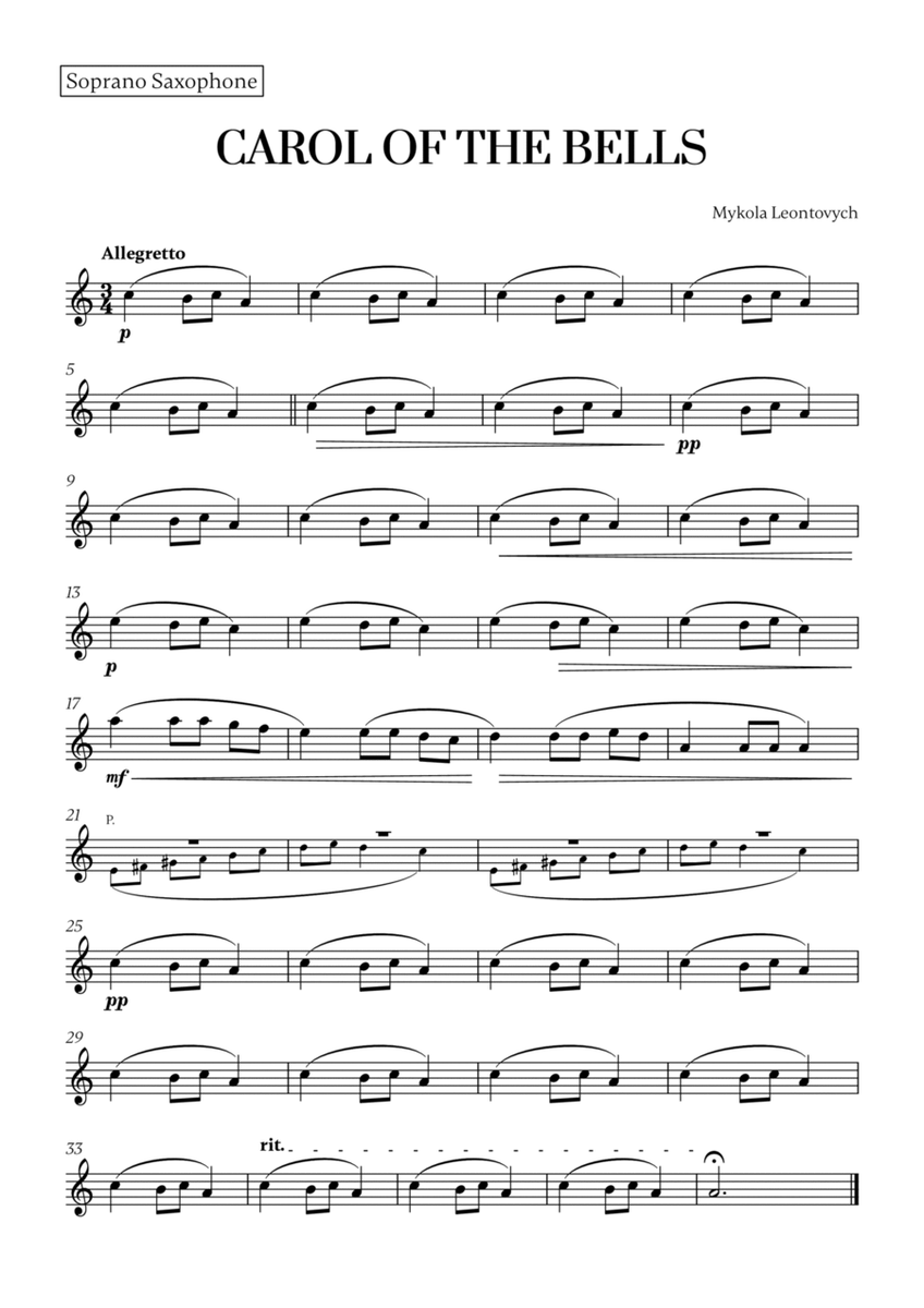 Carol of the Bells (Very Easy/Beginner) (for Soprano Saxophone) image number null