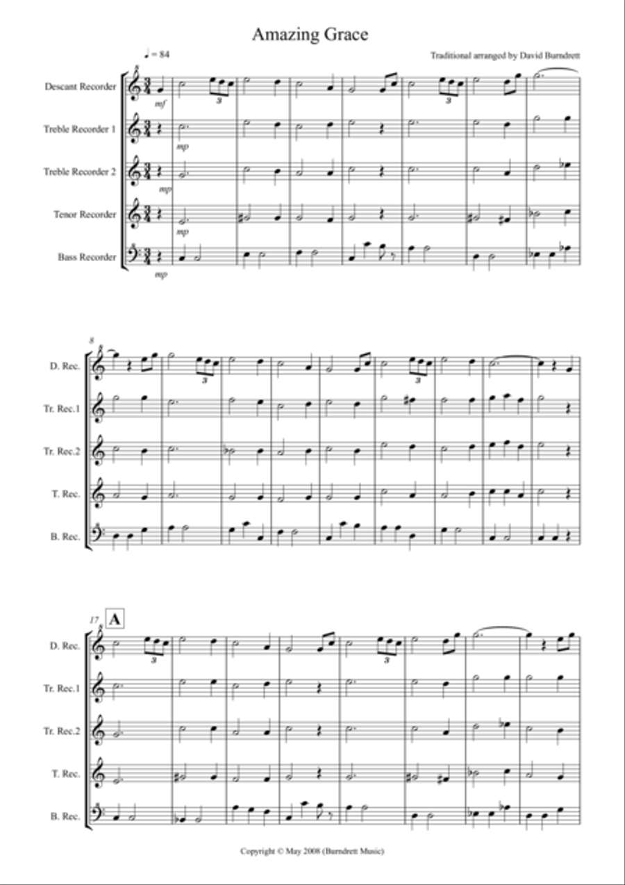 Amazing Grace for Recorder Quintet Recorder scores gallery preview page 1