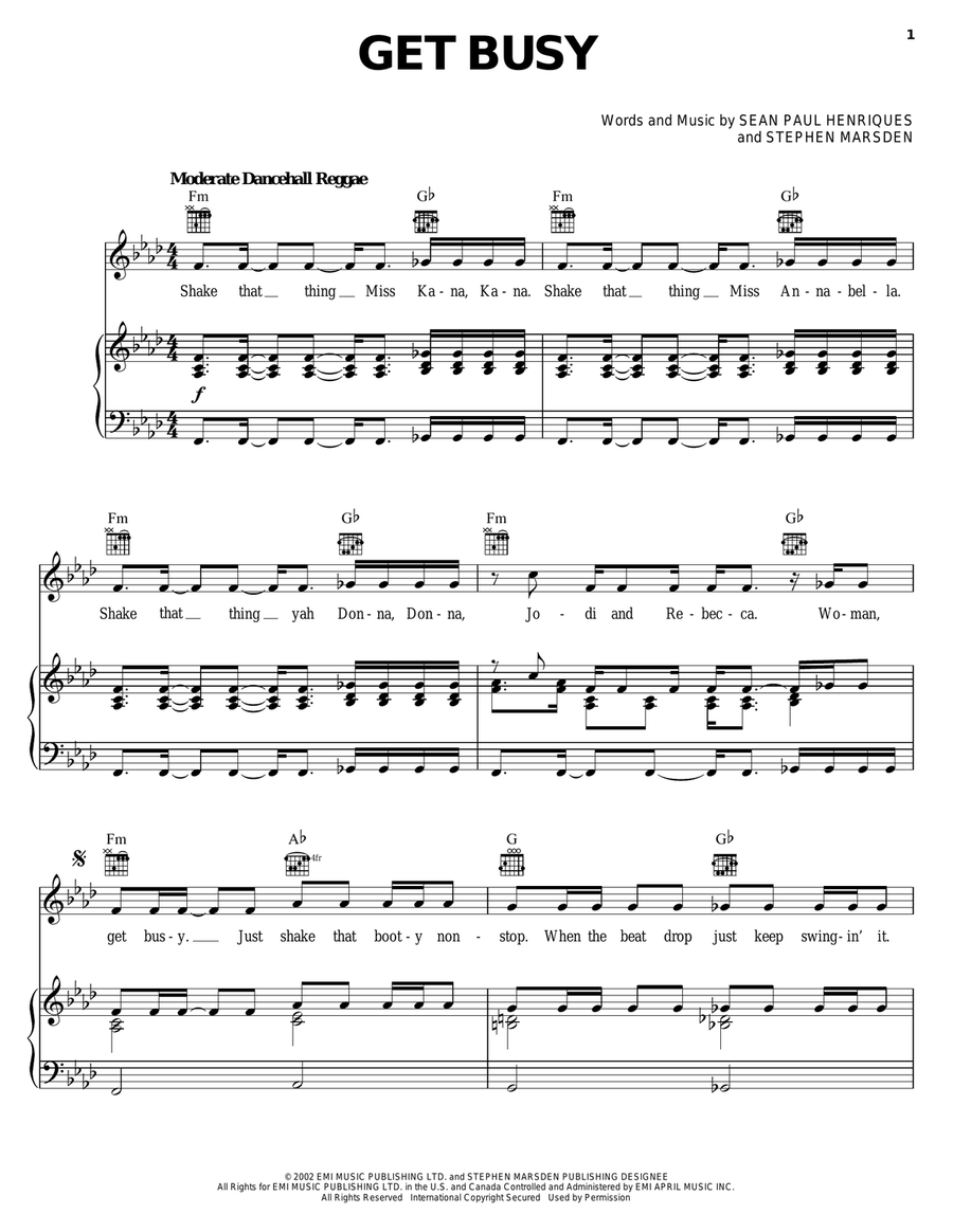 Get Busy Get Busy Piano, Vocal, Guitar scores gallery preview page 1