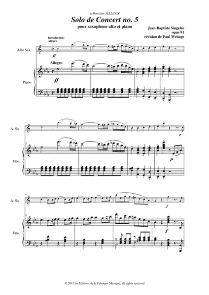 Jean-Baptiste Singelée: Solo de Concert no. 5, Opus 91 pour Saxophone Alto et Piano