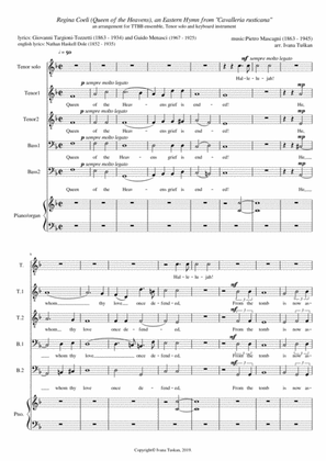 Queen of the Heavens (Regina Coeli), F major, TTBB, Tenor solo, piano/organ, reduced version
