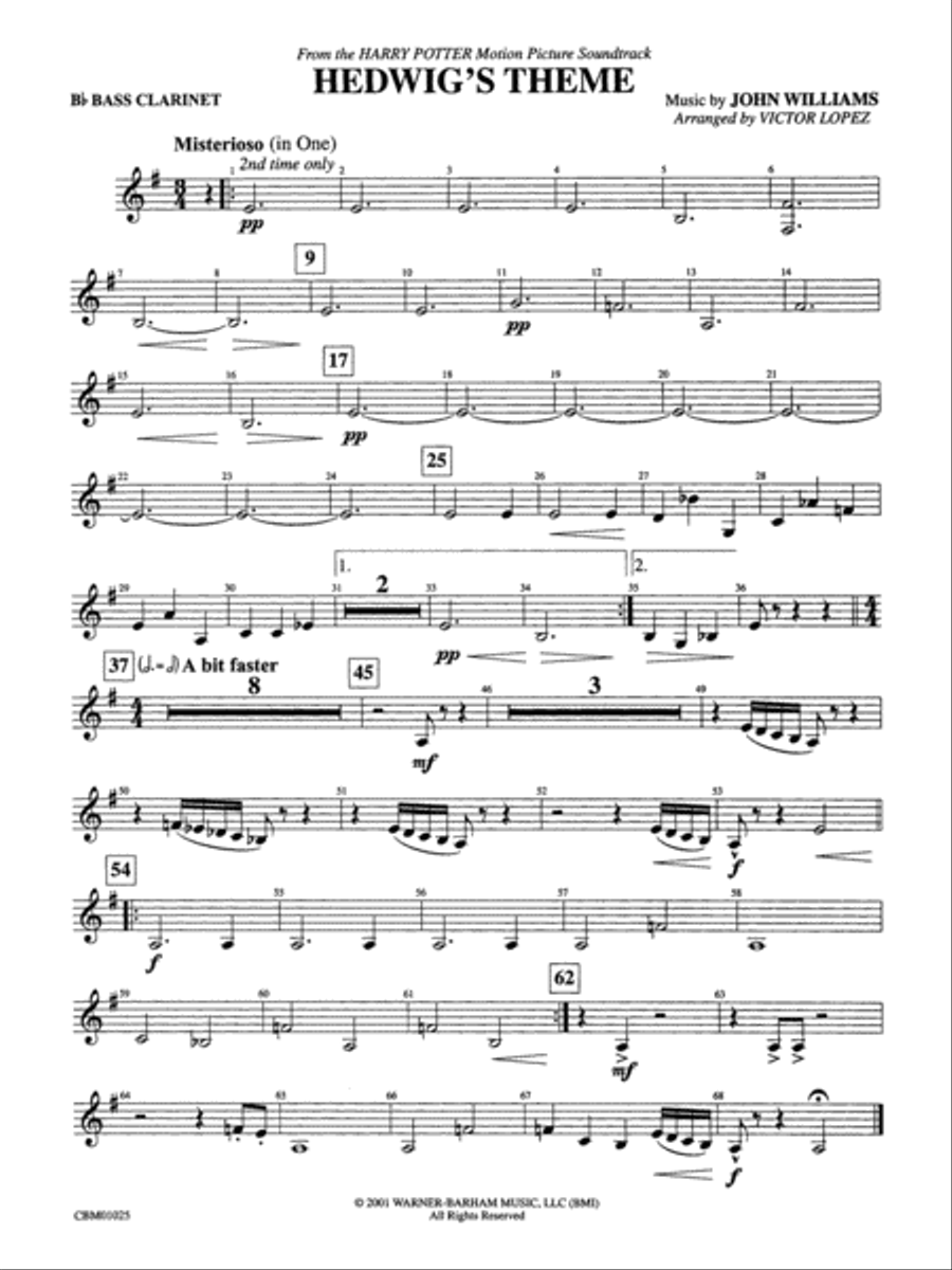 Hedwig's Theme (from Harry Potter): B-flat Bass Clarinet Concert Band scores gallery preview page 1