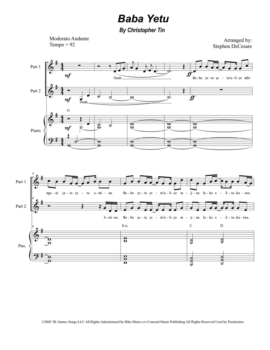 Baba Yetu 2-Part scores gallery preview page 1