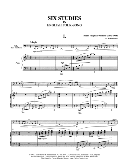 Six Studies in English Folksong arranged for Tuba or Bass Trombone and Piano  Digital Sheet Music