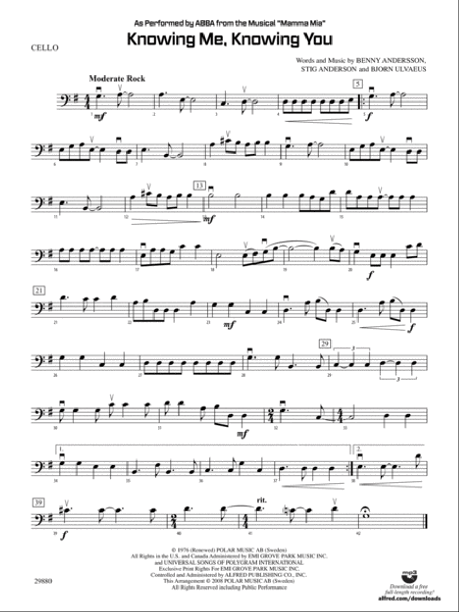 Knowing Me, Knowing You (As performed by ABBA from the musical Mamma Mia): Cello String Orchestra scores gallery preview page 1