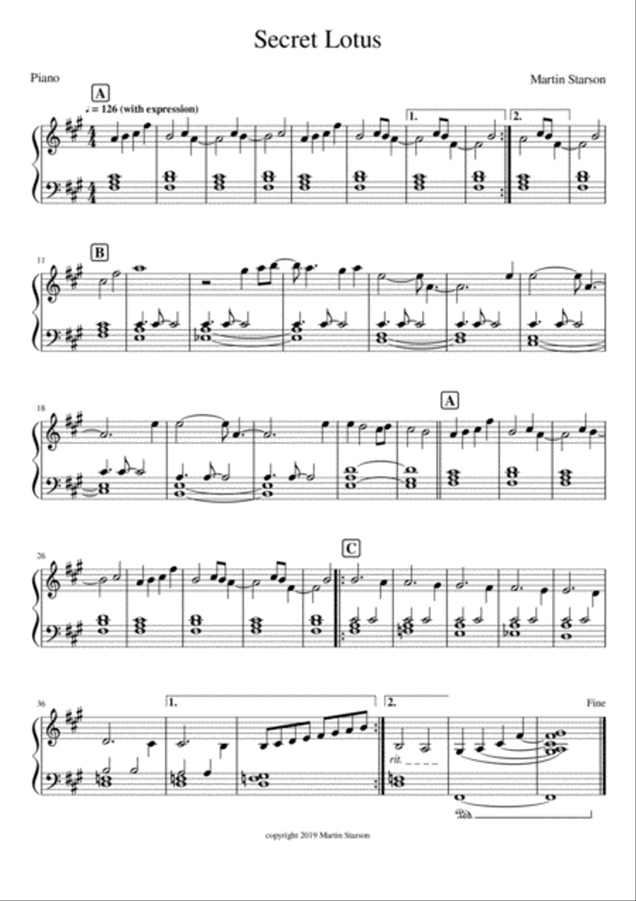 Secret Lotus - Sweet emotional solo piano - Easy to play Voice scores gallery preview page 1