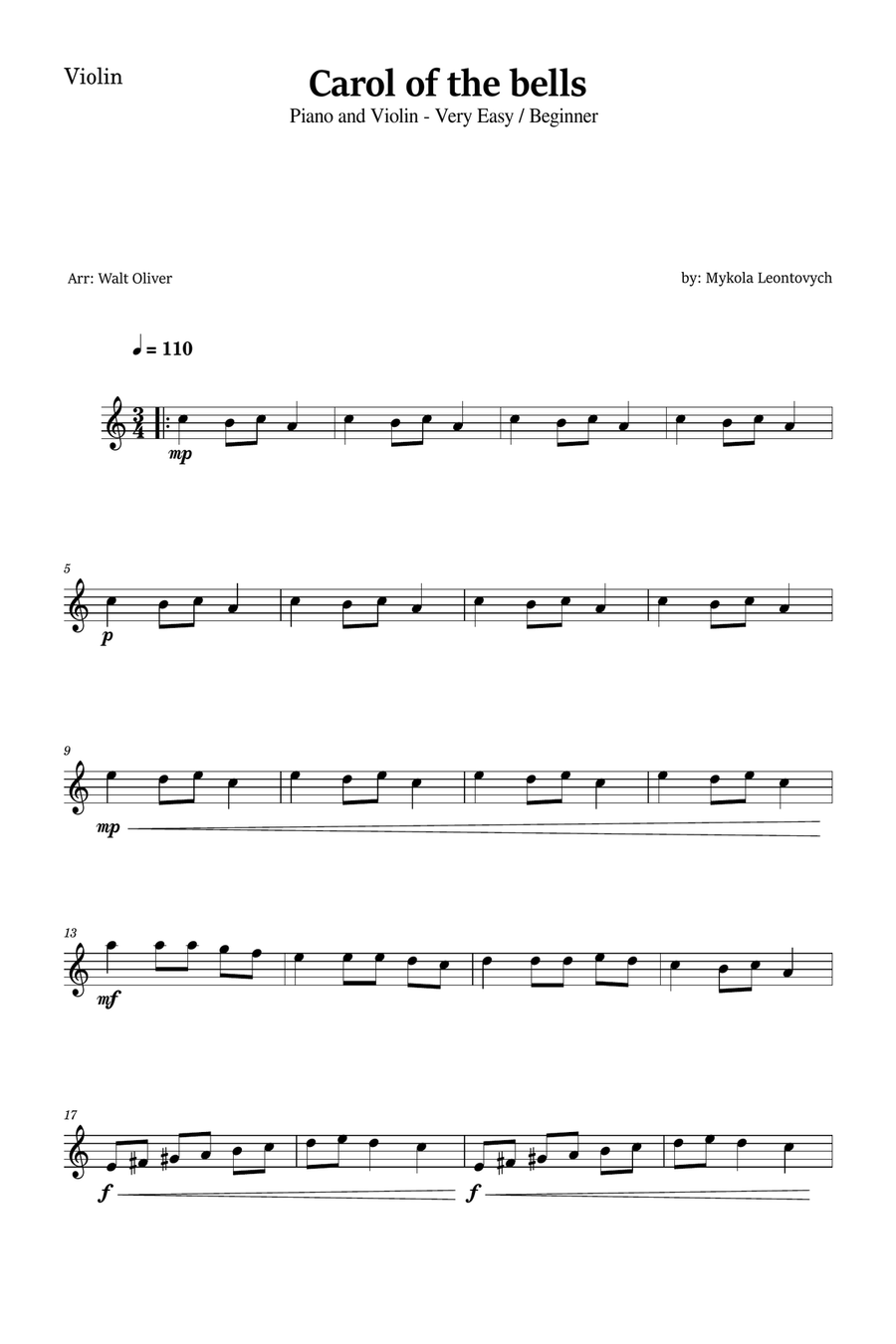 Carol of The Bells for Violin and Piano (Very Easy - Beginner) in A minor Violin Solo scores gallery preview page 4