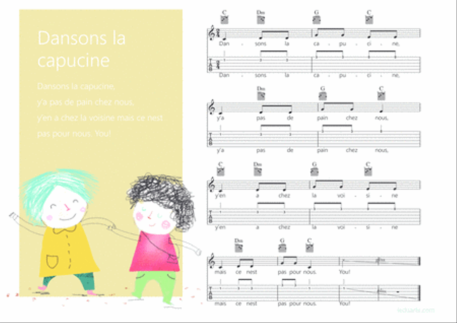 Dansons la capucine Melody + Guitar chords + Gutar TAB's Guitar Tablature scores gallery preview page 1