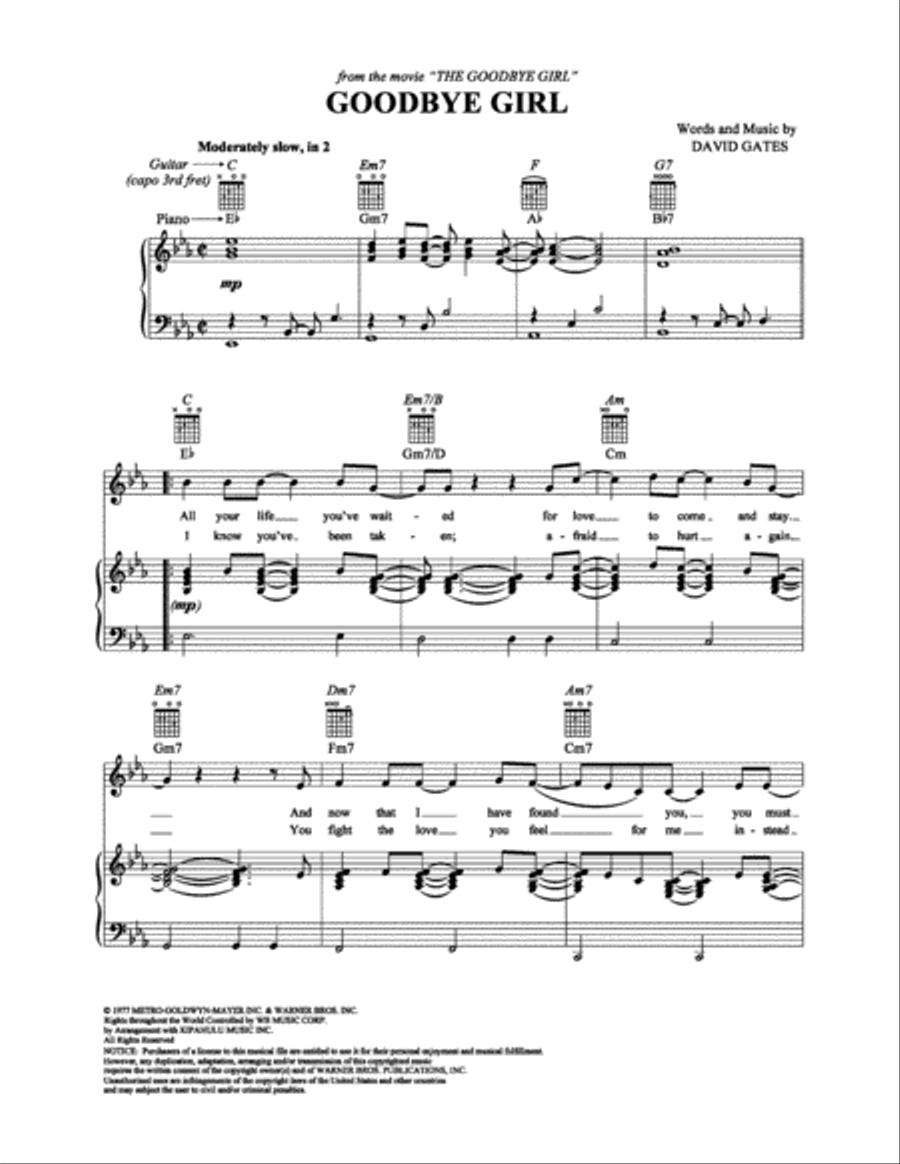 Goodbye Girl Goodbye Girl Piano, Vocal, Guitar scores gallery preview page 1