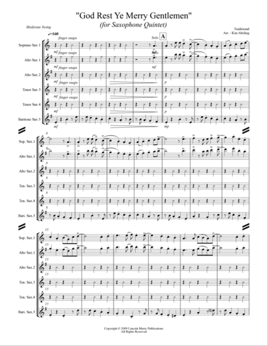 God Rest Ye Merry Gentlemen (for Saxophone Quintet SATTB or AATTB) Saxophone Quintet scores gallery preview page 2
