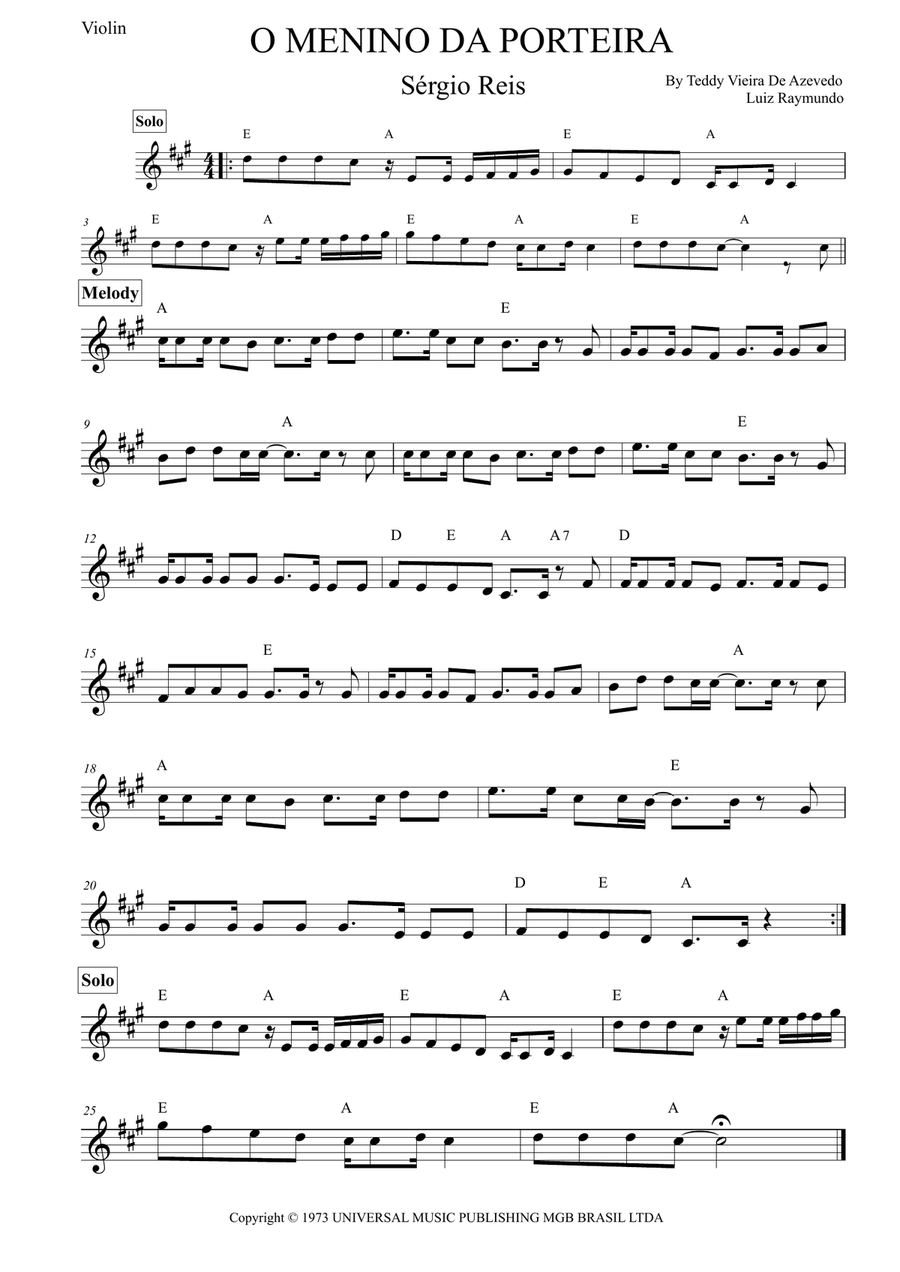O Menino Da Porteira Violin Solo scores gallery preview page 1