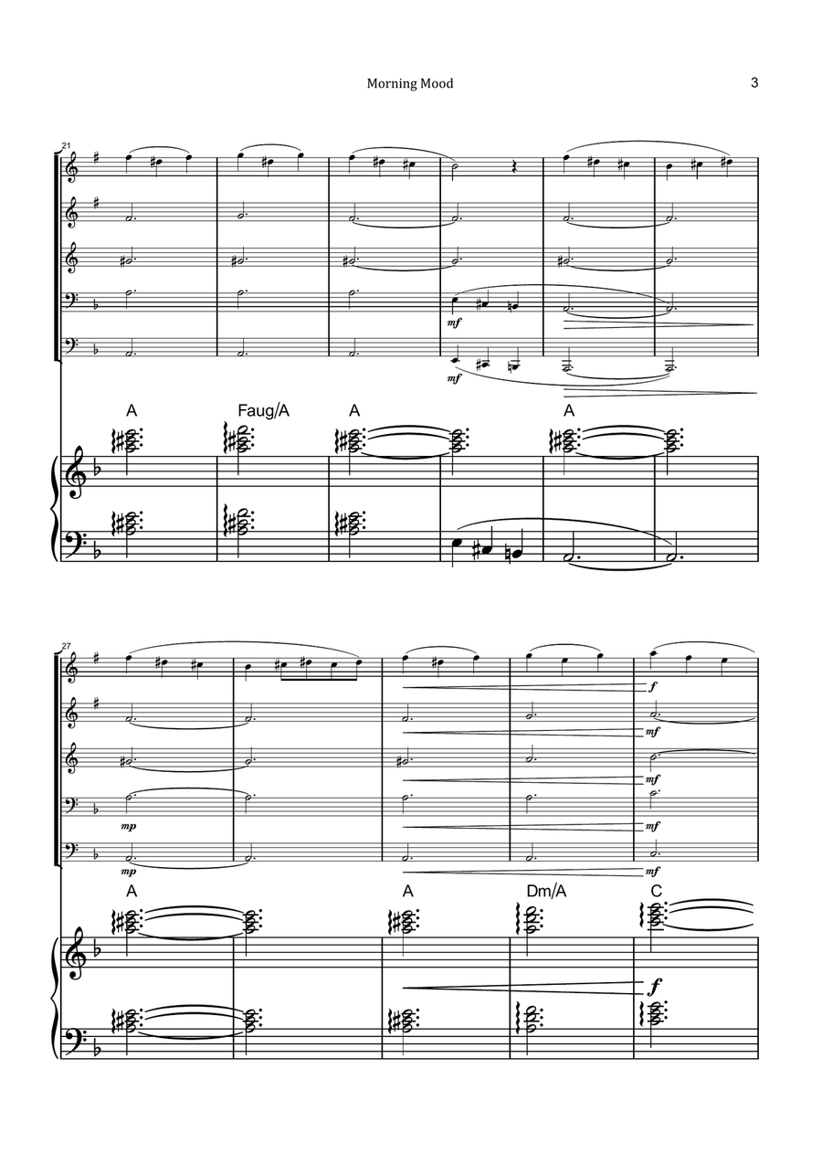 Morning Mood by Grieg - Brass Quintet & Piano with Chord Notation Brass Quintet scores gallery preview page 3