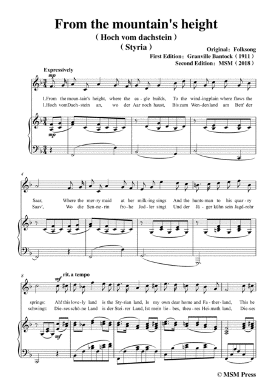 Bantock-Folksong,From the mountain's height(Hoch vom Dachstein),in F Major,for Voice and Piano Voice Solo scores gallery preview page 3
