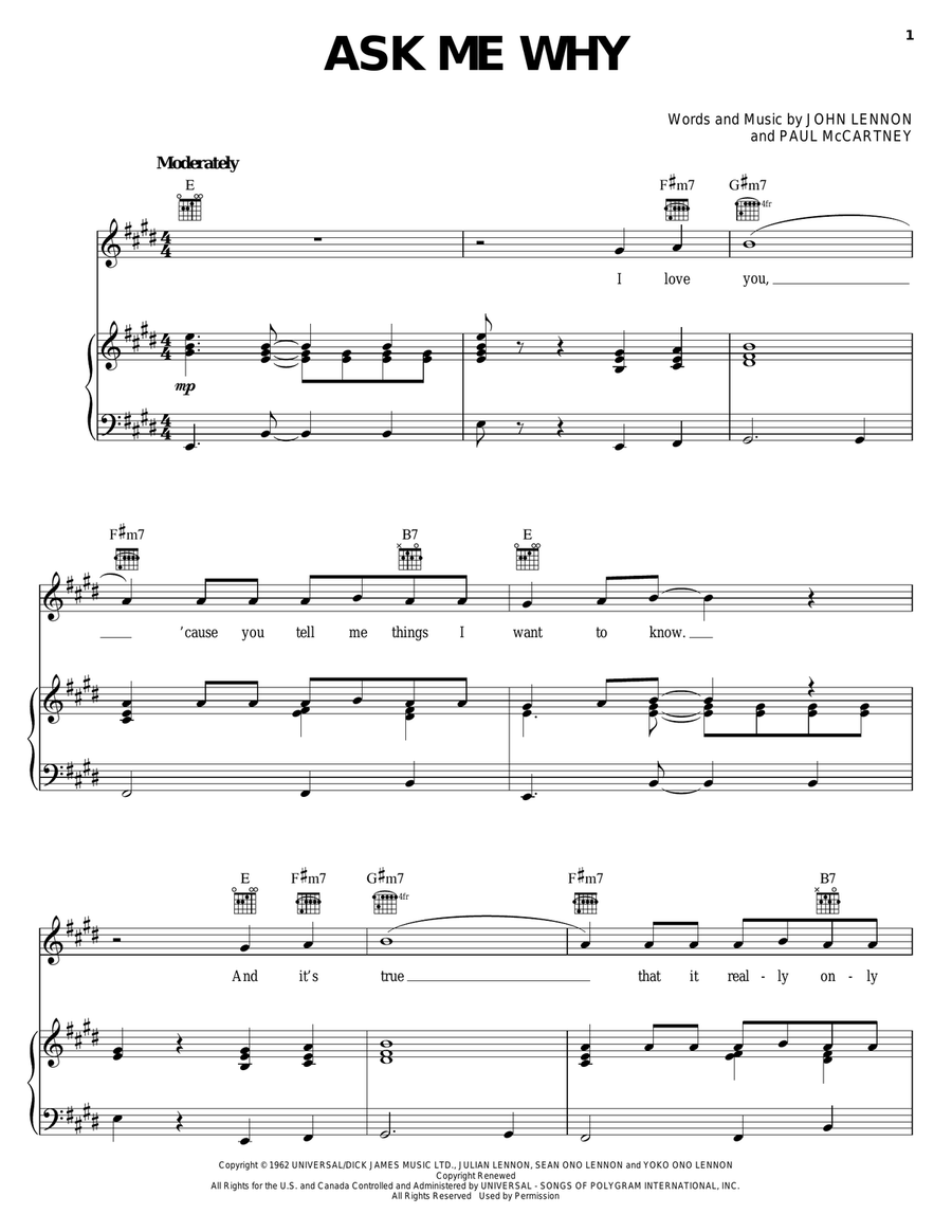 Ask Me Why Ask Me Why Piano, Vocal, Guitar scores gallery preview page 1